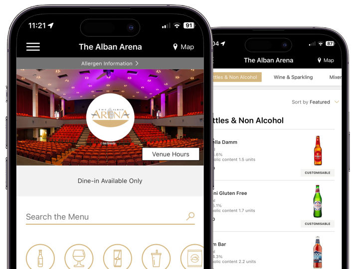 Two smartphone screens display the interface of The Alban Arena app. The left screen shows an image of the arena's interior with seating and a stage, along with navigation options. The right screen lists various beverages offered at the arena, with images and prices.