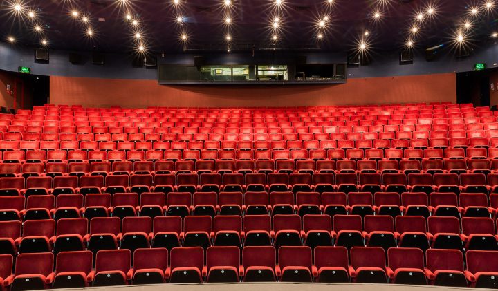 Image of an empty Gordon Craig Theatre with rows of red cushioned seats facing a stage. The ceiling is adorned with numerous small lights, creating a star-like pattern. A control room is visible at the back of the theatre.