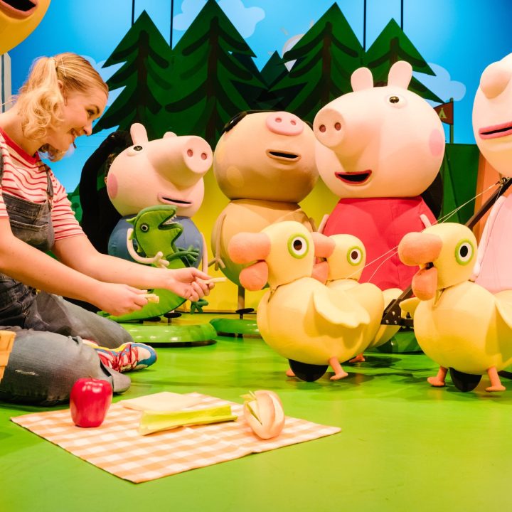 A person sitting on a green floor feeds puppet ducks. Nearby is a picnic setup with an apple and sandwich on a checked cloth. Surrounding them are various large character puppets, including pigs and other animals, under a backdrop of trees and blue sky.