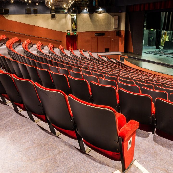 Empty Gordon Craig theatre with curved rows of black and red seats facing a stage. The stage has a closed curtain and visible stage lights hanging above. The walls and carpet are muted in colour. Scene appears well-lit with a clear view of the seating arrangement and stage setup.