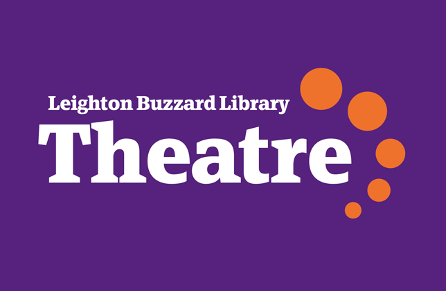 Purple backdrop highlights "Leighton Buzzard Library Theatre" with orange dots, near pay-and-display parking.